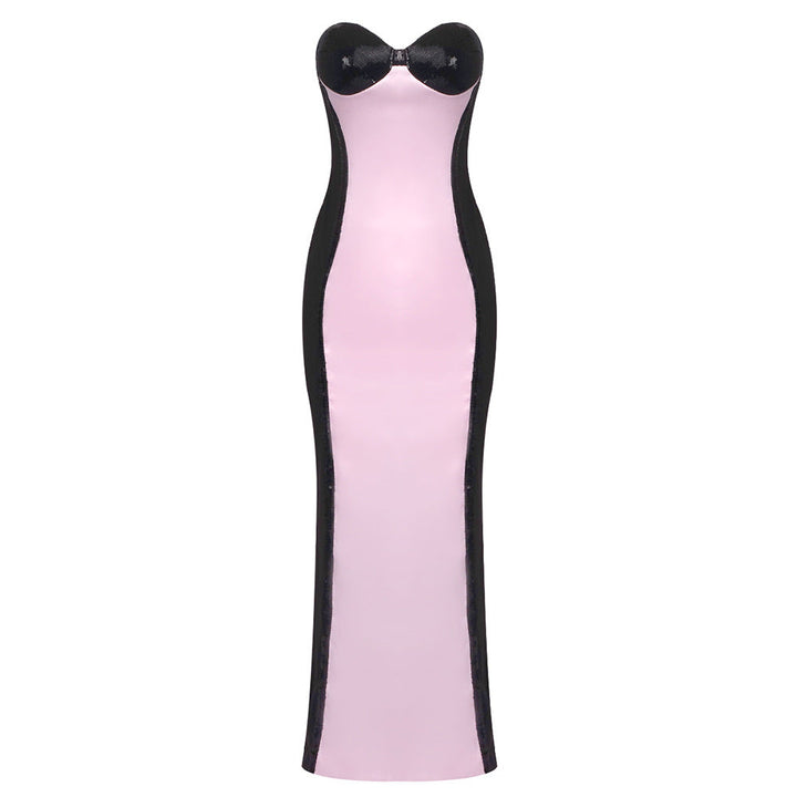 Black White Pink Color Blocking Tube Top Dress Slim Fit Sheath Fishtail Dress Red Carpet Dinner Dress