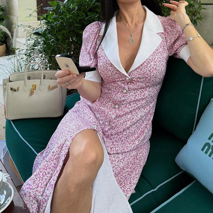 Elegant Floral Dress Summer Polo Collar Short Sleeve High Waist Print A line Dress for Women