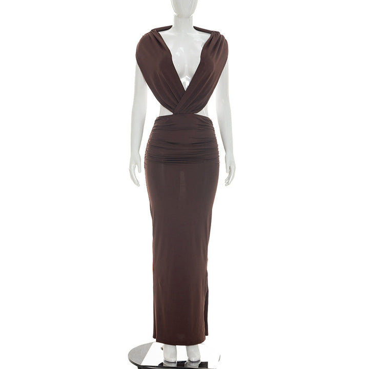 Women Clothing Summer Solid Color Casual Sleeveless Halter Backless Slim Fit Sheath Maxi Dress