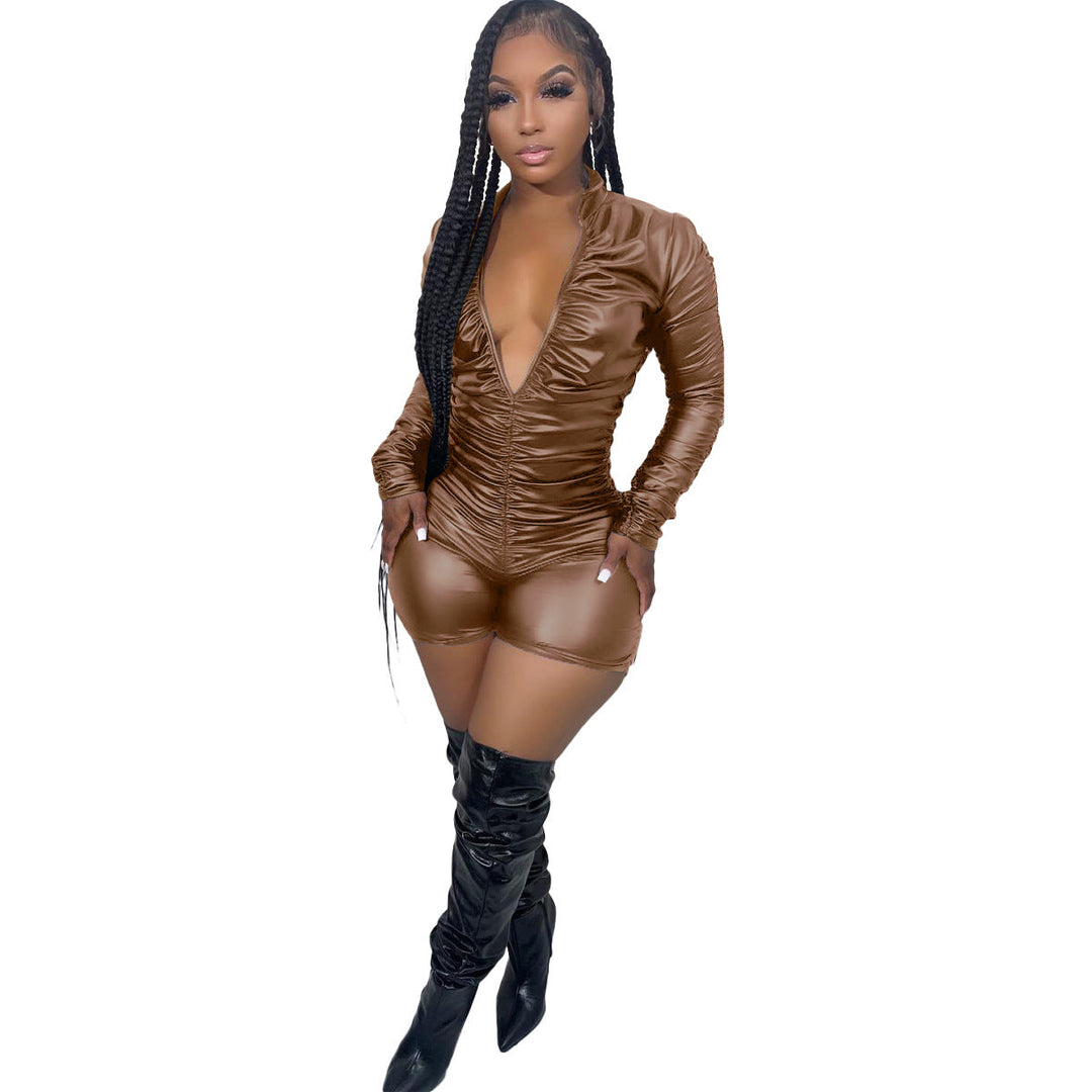 Women Clothing Solid Color Pleated High Elastic Faux Leather Jumpsuit