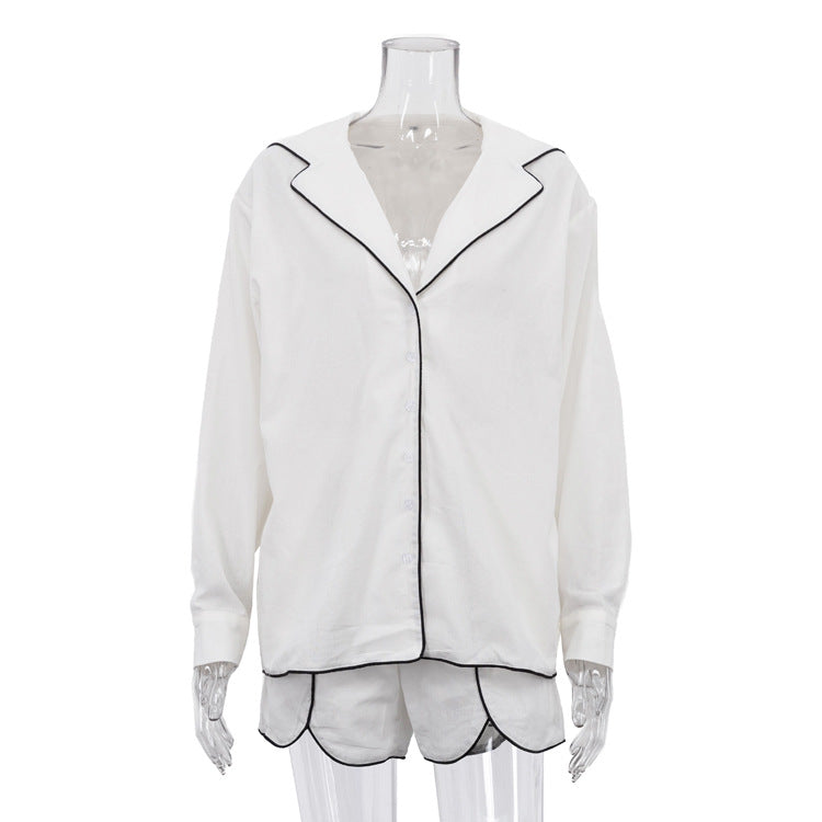 Women Clothing Shirt Casual Simple Polo Collar Long Sleeve Cardigan Top Shorts Two Piece Set