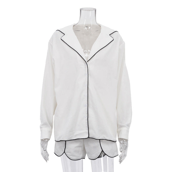 Women Clothing Shirt Casual Simple Polo Collar Long Sleeve Cardigan Top Shorts Two Piece Set