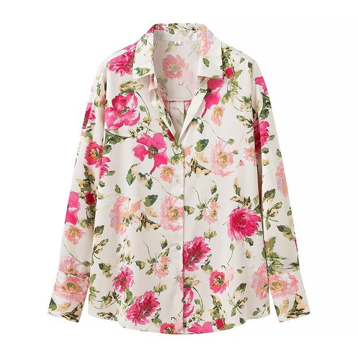 Summer Vacation Printed Silk Satin Texture Collared Long Sleeve Shirt Women