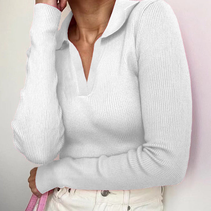 Retro Sexy Polo Collar Deep V Plunge Top Fall Women Clothing Crop Top Tight Fitting Thread Knitted Long Sleeve T shirt