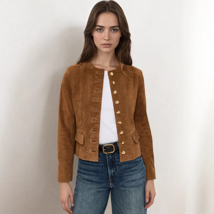 Classic Metal Single Breasted Short All Match Suede Air Layer Jacket Short Coat Autumn