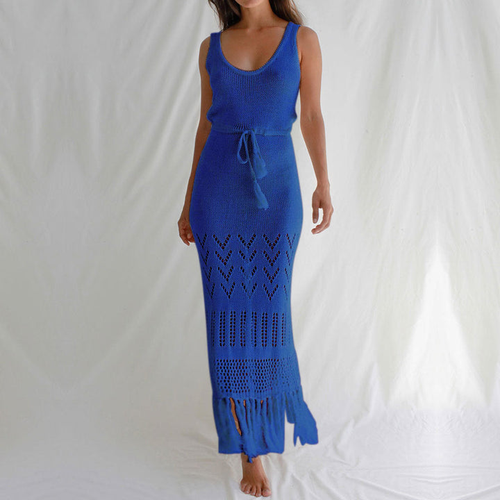 Sunscreen Beach Dress Hollow Out Cutout out Strap Women Maxi Dress with Tassel Bikini Swimsuit Blouse