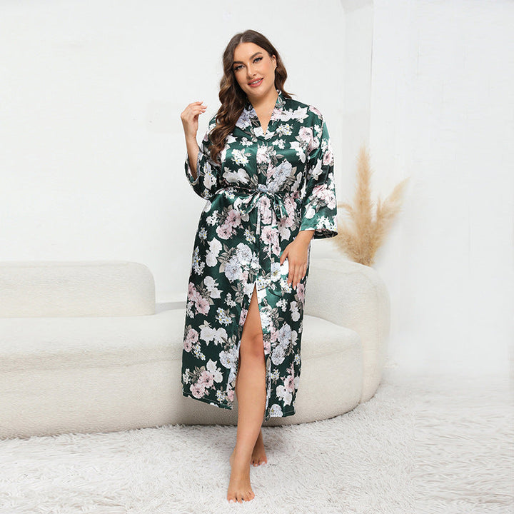Plus Size Women Artificial Silk Satin Long Sleeved Pajamas Plump Girls Wearable Home