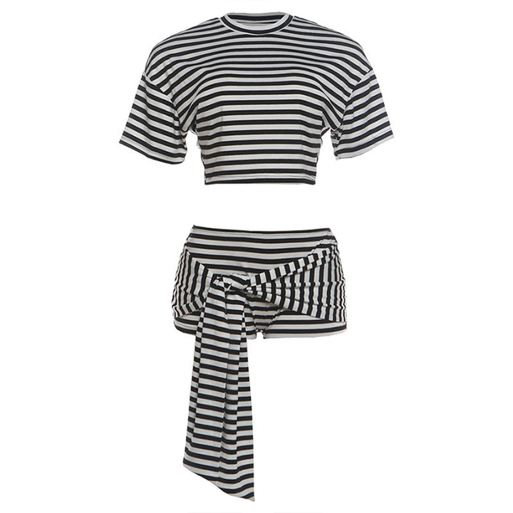 Summer Women Sexy Cropped T shirt Ribbon Shorts Striped Two Piece Sets