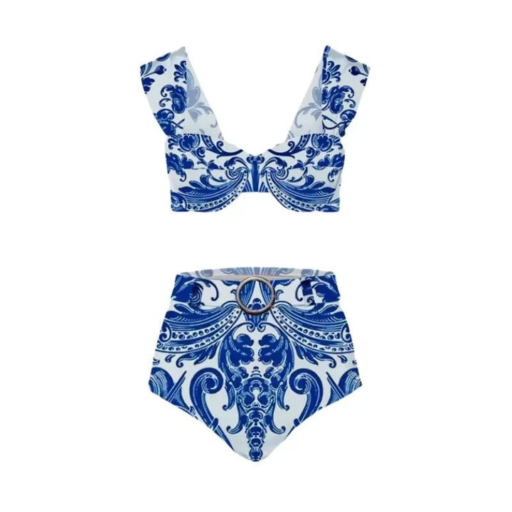 Lonkey Women Swimsuit Blue White Porcelain Printed Three Piece Split Swimsuit Women