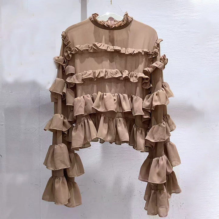 Korean Personalized Comfortable Ruffled Shirt Autumn Niche Design Solid Color Loose Top for Women