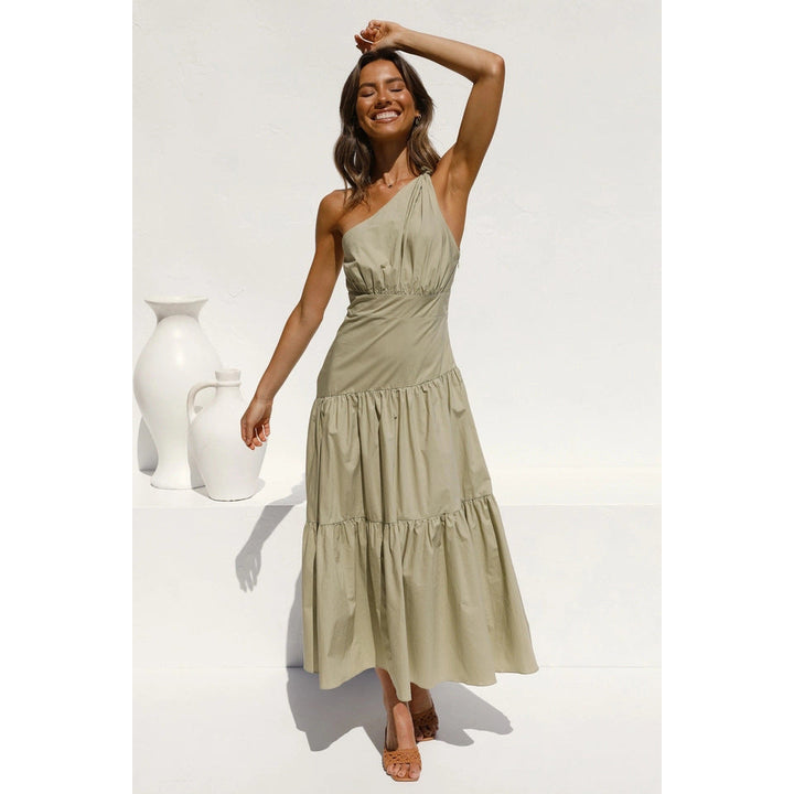 Spring Summer One-Shoulder Knotted Solid Color Fresh Long Sweet Dress