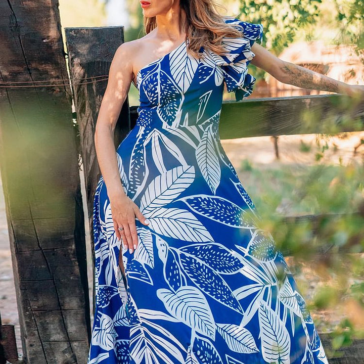 One Shoulder Bubble Sleeve Printed One Piece Swimsuit Women