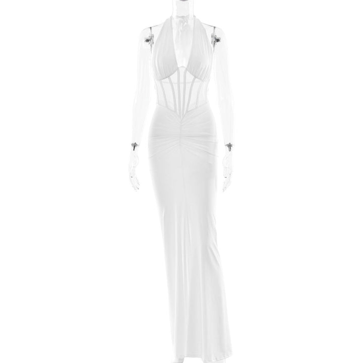Elegant Women Lace up Maxi Dress Sexy Backless Pleated Sheath Dress