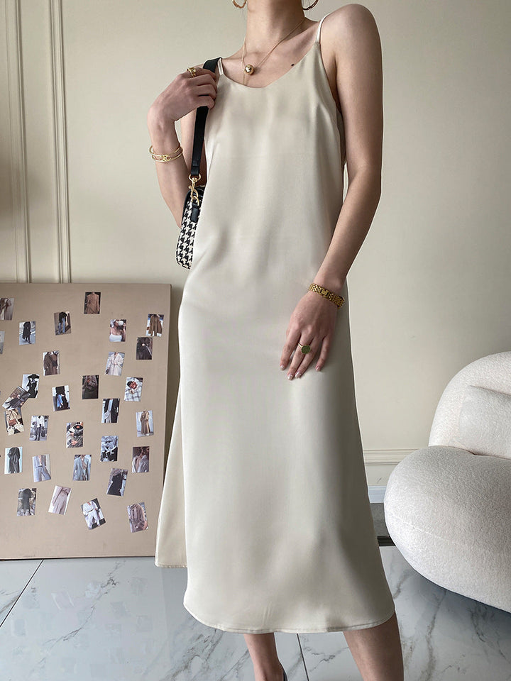 French Acetate Draping Satin Cami Dress Long Women Dress Spring