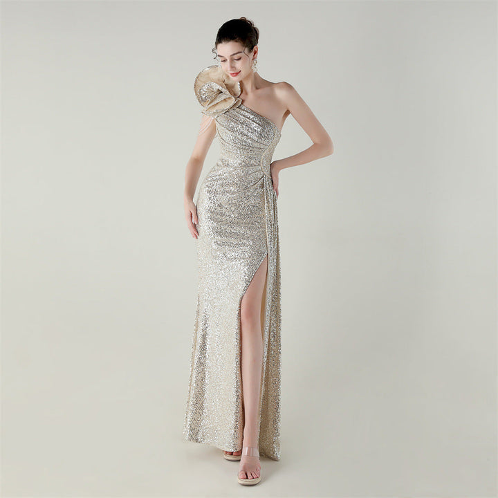 Craft Floral Beaded One Shoulder Diagonal Collar Fishtail Evening Dress Dinner Wedding Awards Ceremony Social Dress