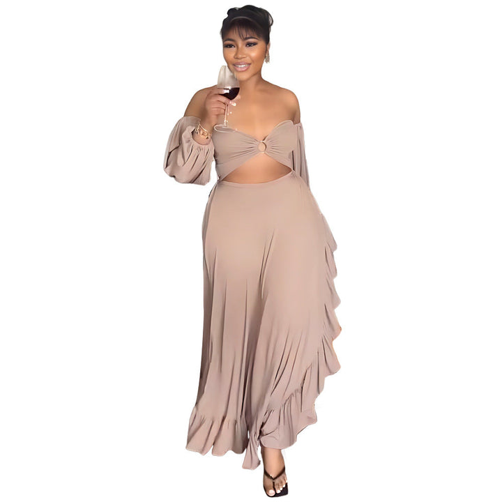 Bandeau Sexy Exposed Cropped Irregular Asymmetric Ruffled Slit Formal Dress Women Dress