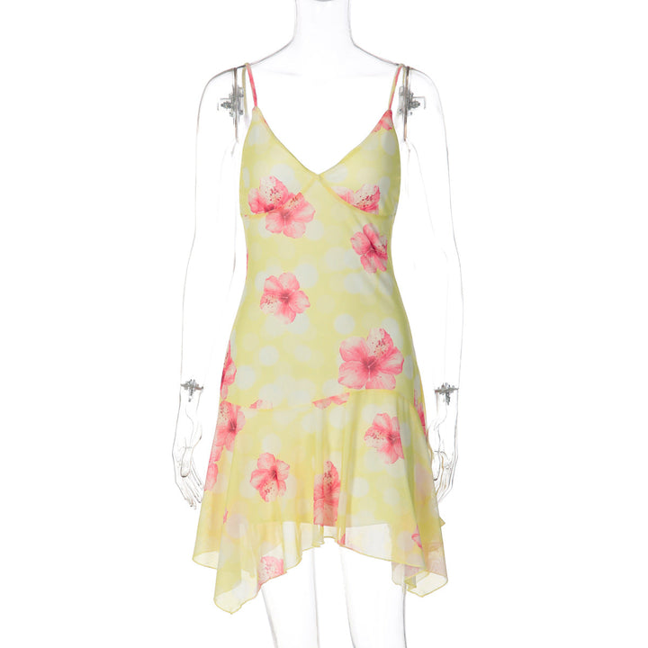 Women Clothing Summer Slim Fit Sexy Deep V Plunge Pure Youth Printed Strap Backless Dress
