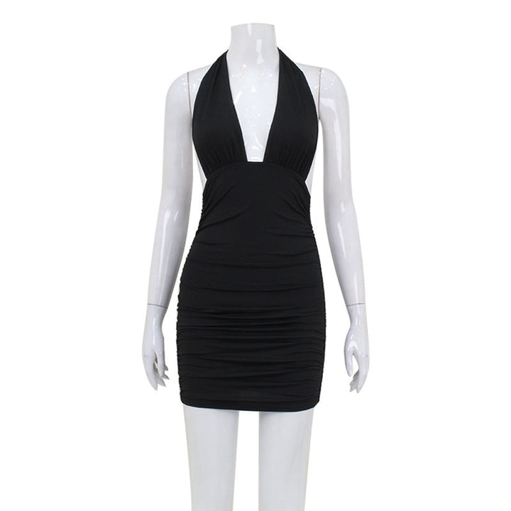 Women Sexy V neck Halter Backless Dress Elegant Pure Sexy Hip