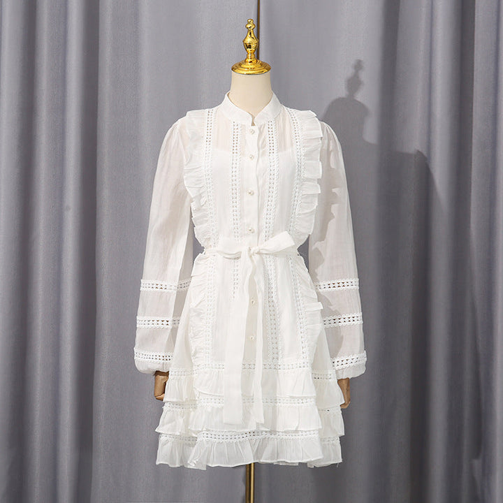 Spring Waist Controlled Short Skirt Stitching Single Breasted Vacation Lace up Dress Women Short Women Clothing