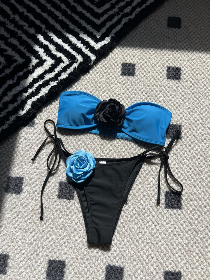Color Matching Rose Tube Top Lace up Drawstring Strap Split Swimsuit Bikini