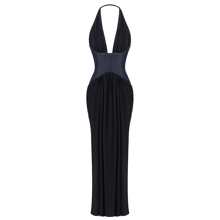 Halter Deep V Plunge Black Dress Denim Drawstring Slim Fit Maxi Drape Party Dress