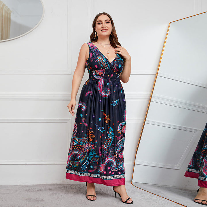 Plus Size Dress Deep V-neck Elastic Waist Girls Cinched Slimming Maxi Dress