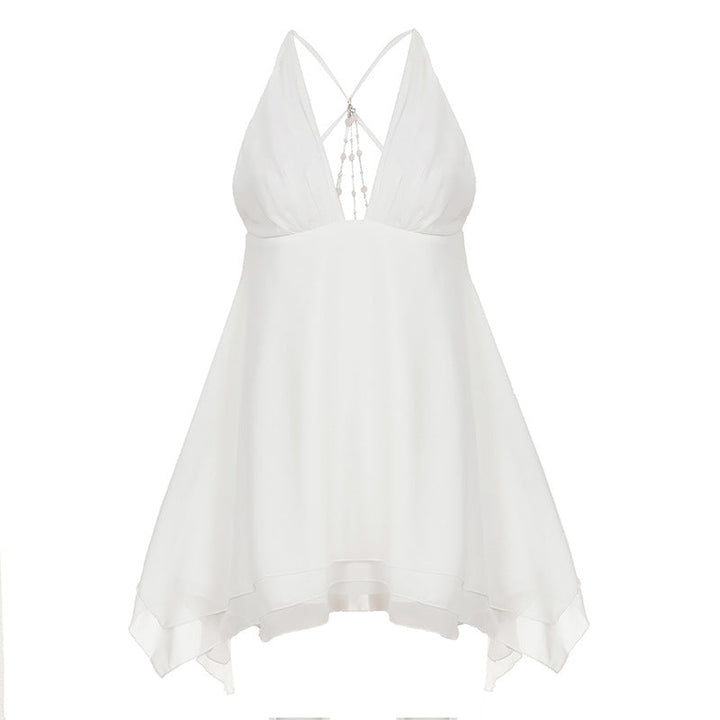 Butterfly Backless Pearl Chain Stitching Sexy V neck Halter Irregular Asymmetric Chiffon Dress Short Dress