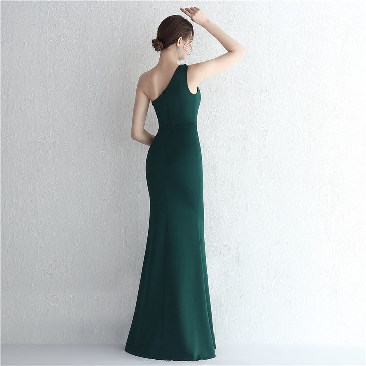 Satin Slim Fit One Shoulder Long Debutante Gala Dinner Slimming Fishtail Wedding Car Model Exhibition Dress