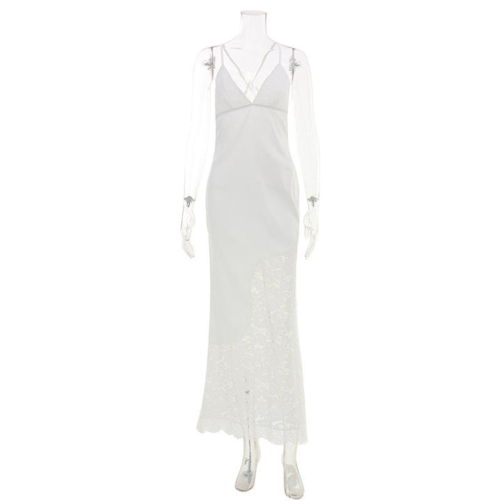 French Elegant Lace V neck Patchwork Strap Dress Hollow Out Cutout Sexy Backless Lace up Evening Dress