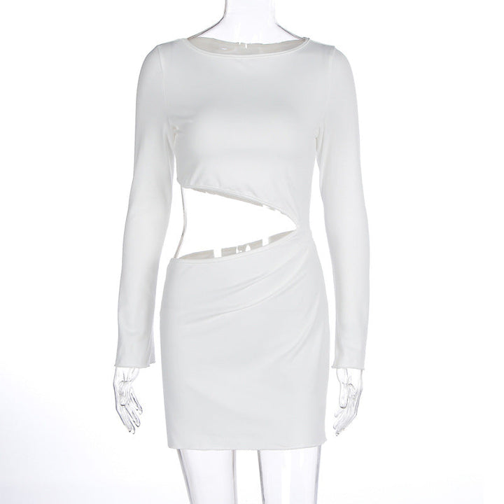 Women Clothing Autumn Winter Sexy Hollow Out Cutout Cropped round Neck Slim Sheath Dress