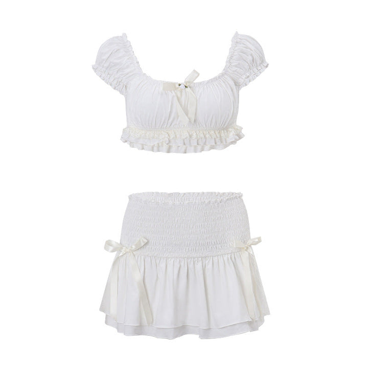Spring Women Clothing Sexy Short Puff Sleeve Top Low Waist Slim Skirt Set