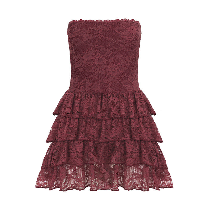 Sexy Leather Bra Strap Lace Stitching Puffy Tiered Dress Summer Set