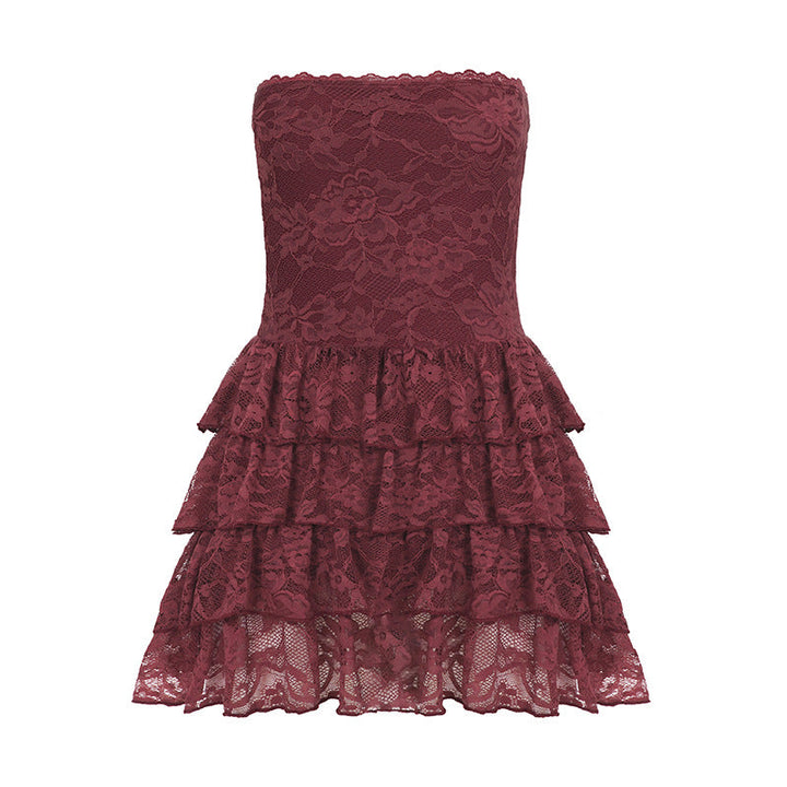Sexy Leather Bra Strap Lace Stitching Puffy Tiered Dress Summer Set