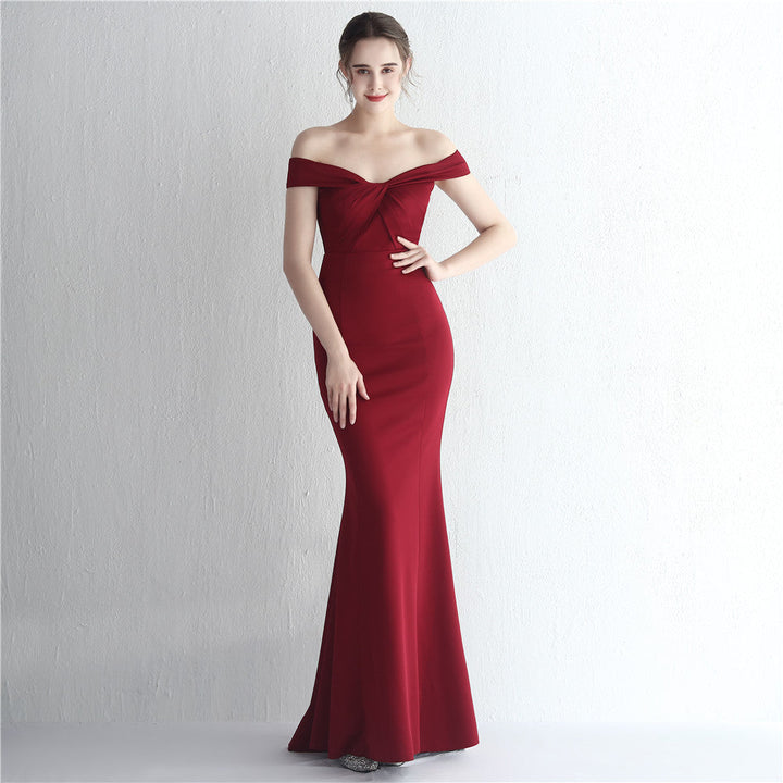 Satin Slim off Shoulder Long Debutante Gala Dinner Slimming Fishtail Wedding Car Model Show Dress