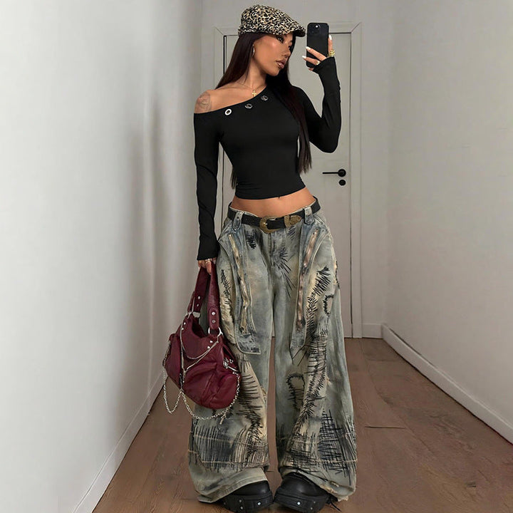 Winter One Shoulder Cold Shoulder Corns Solid Color Cropped Exposed Pullover Upper Clothes Long Sleeves T shirt