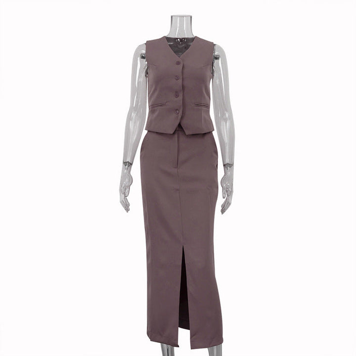 Vest Jacket Hip Skirt Set V neck Sleeveless Top Split Skirt Office Two Piece Set