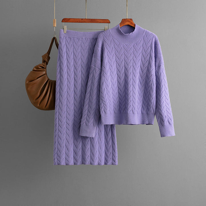 Autumn Winter Jacquard Half High Collar Long Sleeves Knitwear Pullover Top Skirt Two Piece Set