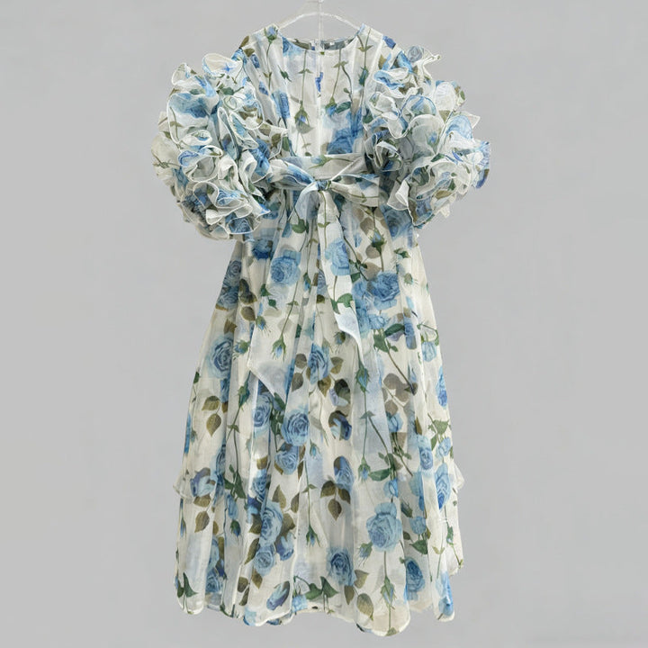 Retro Romantic Palace Rose Print Dress for Women round Neck Design Puff Sleeve Dress