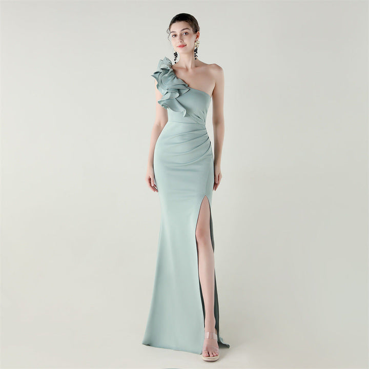 One Shoulder Craft Wave Floral Satin High Slit Sexy Evening Dress Dinner Party Wedding Social