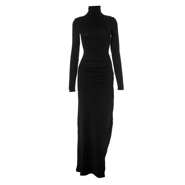 Autumn Solid Color Half High Collar Long Sleeves Slit Slim Fit Sexy Long Women Dress