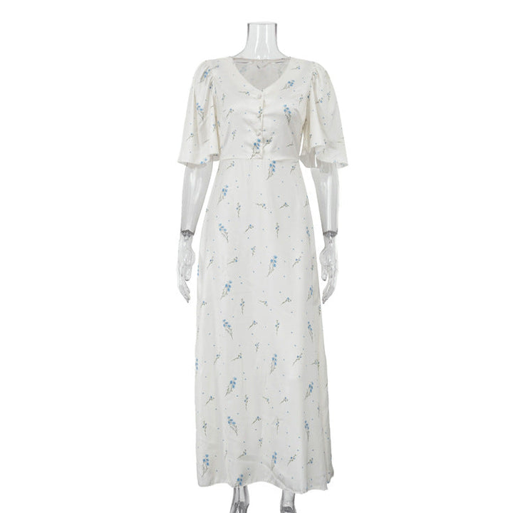 French V neck Floral Women Advanced Satin Short Sleeve High Waist Elegant Maxi Dress