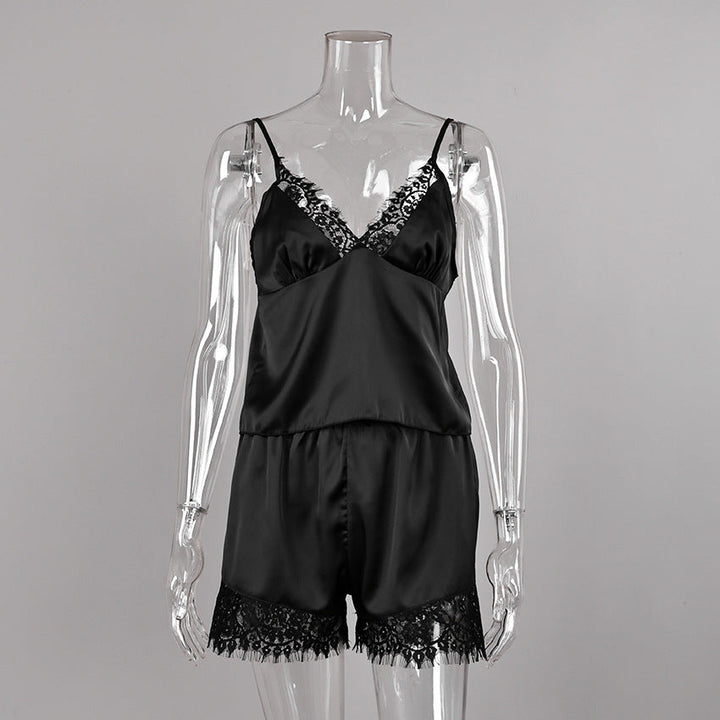 Women Pajamas Satin Stitching Lace Suspender Shorts Two Piece Set Summer Loungewear