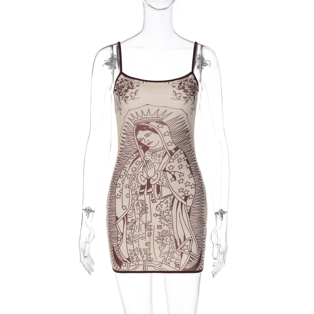 Figure Print Slim Short Hip Hugger Strap Dress Women Clothing