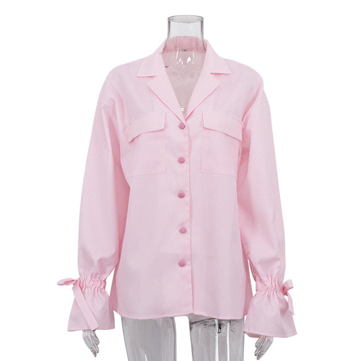 Fashionable Striped Office French Shirt for Women Spring Autumn Printing Collared Bell Sleeve Loose Pockets Shirt