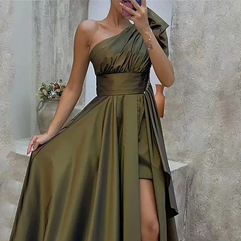 Spring Summer Women Clothing Diagonal Collar Strapless High Waist Irregular Asymmetric Dress Dress for Women