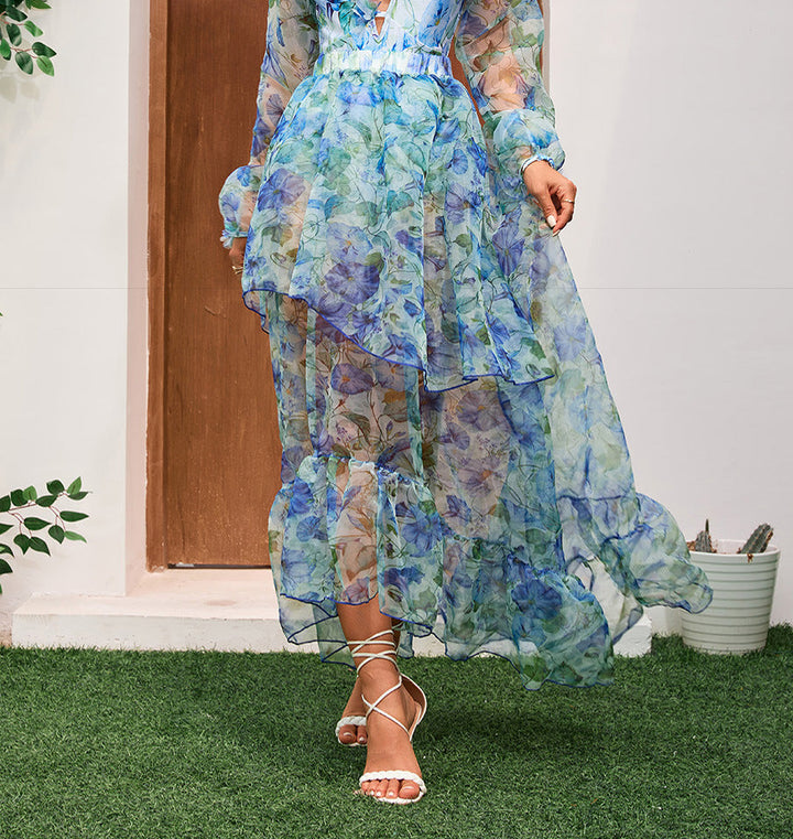 V neck Backless Gauzy Long Sleeve Printed One Piece Swimsuit Women Set Dress