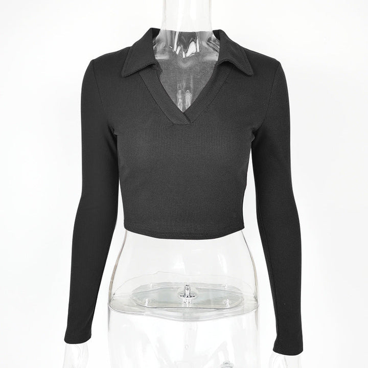 Retro Sexy Polo Collar Deep V Plunge Top Fall Women Clothing Crop Top Tight Fitting Thread Knitted Long Sleeve T shirt