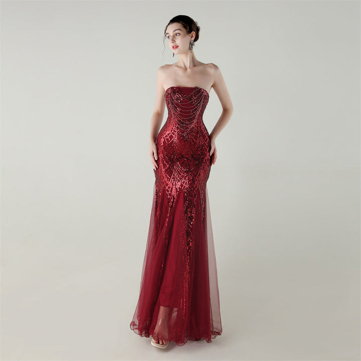 Mesh Heavy Industry Beaded Tube Floral Evening Dress Tube Top Fishtail Dress Swing Cocktail Social Socialite