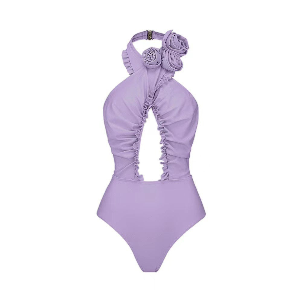 Lonkey French Two Sets Women Swimsuit Solid Color Flying Edge Cross Hollow Out Cutout-out Swimsuit Women