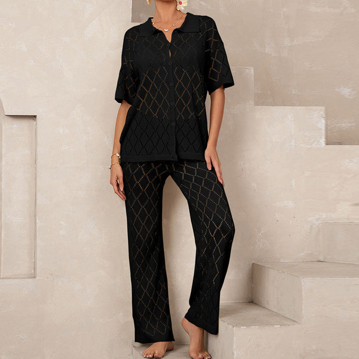 Beach Short Sleeved Shirt Trousers Hollow Out Cutout out See through Casual Knitted Vacation Elegant Sun Protective Blouse Two Piece Sets